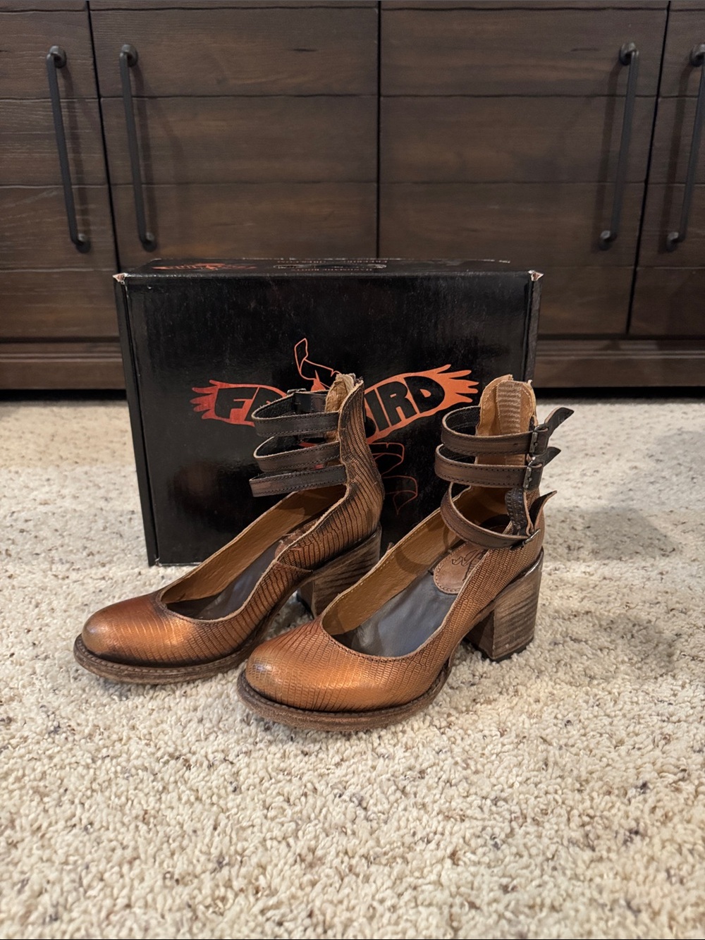 Women’s FreeBird Strappy Brown Block Heel Pumps